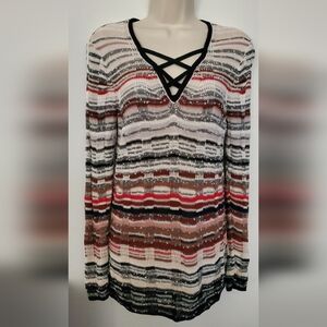 Nic+Zoe Womens Long Sleeve V Neck Crossover Strap Red Hills Sweater